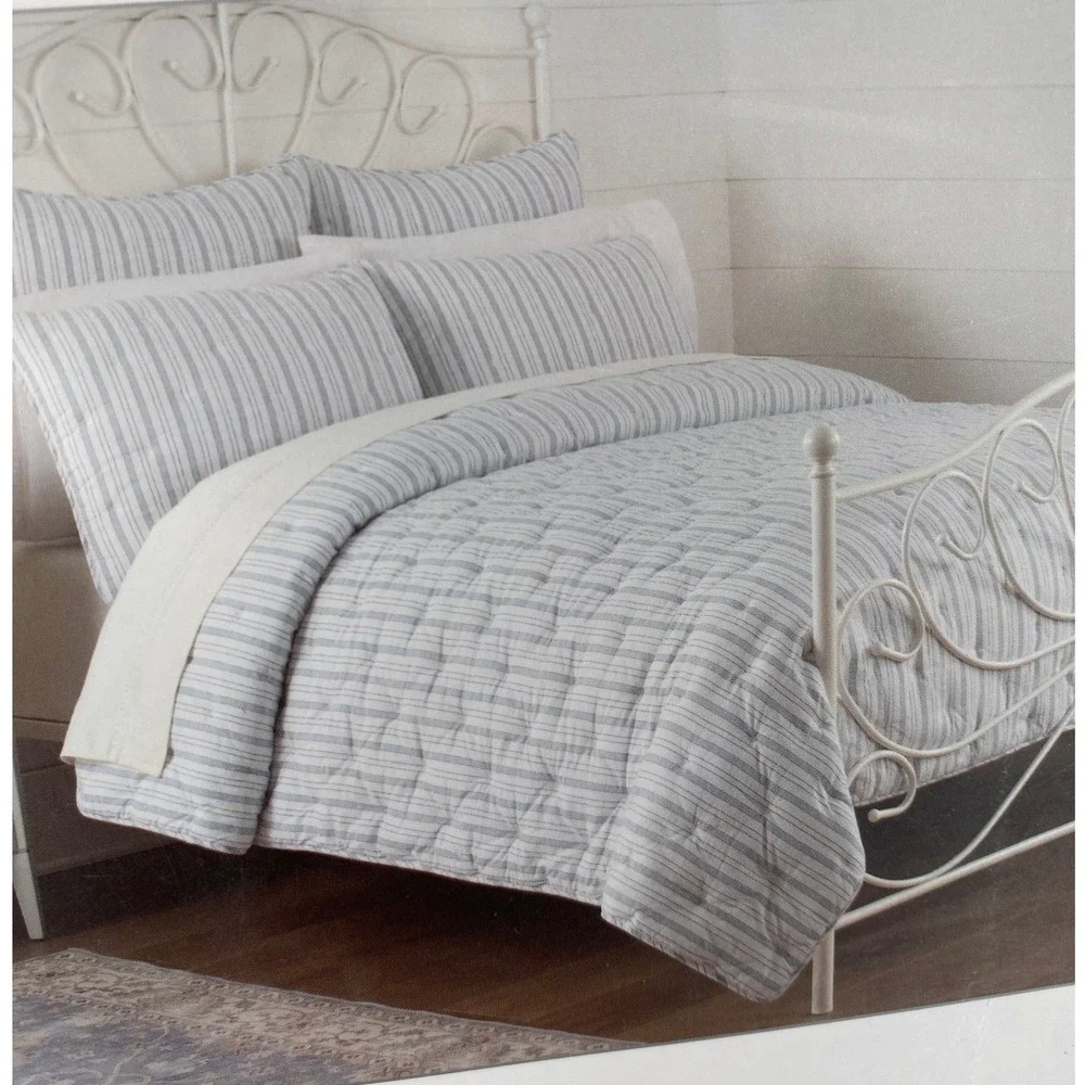 Shabby Chic Quilt Full/Queen Blue White Cotton Slub Ticking Stripe Farmhouse